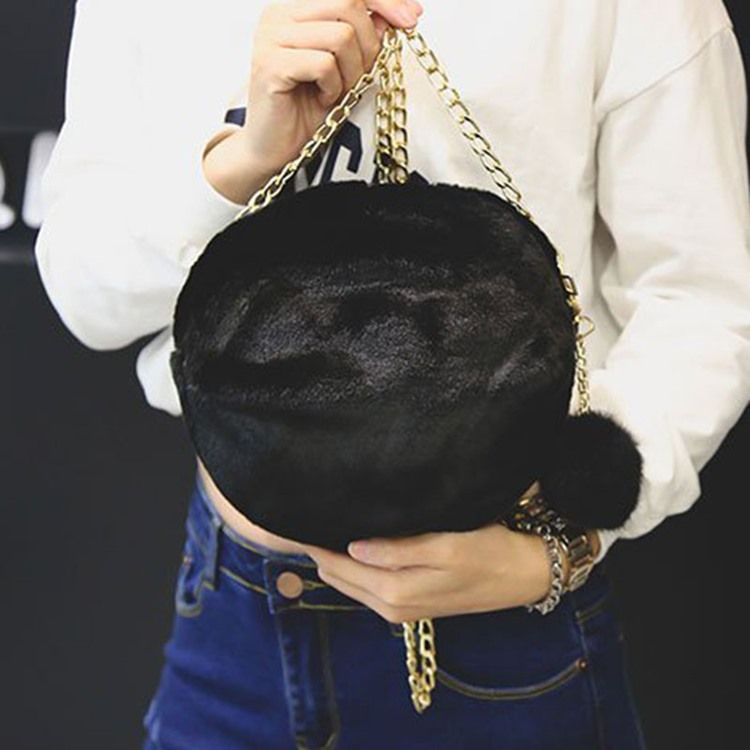 Faux Fur Chain Plain Circular Crossbody Bags