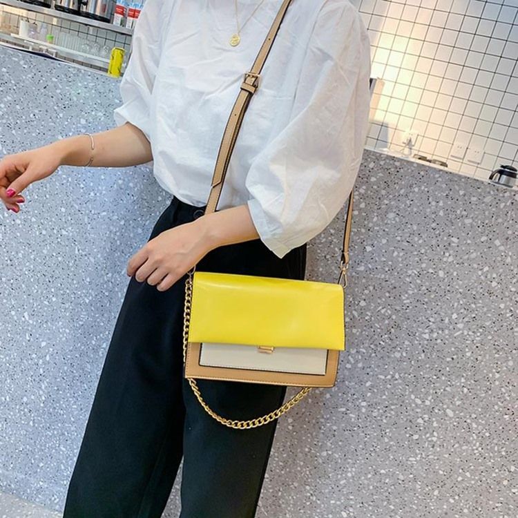 Pu Color Block Chain Rectangle Crossbody Vesker