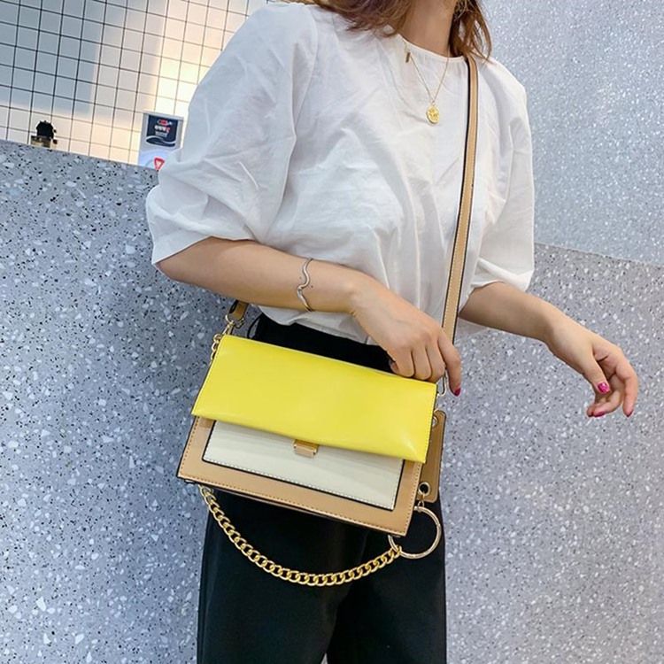 Pu Color Block Chain Rectangle Crossbody Vesker