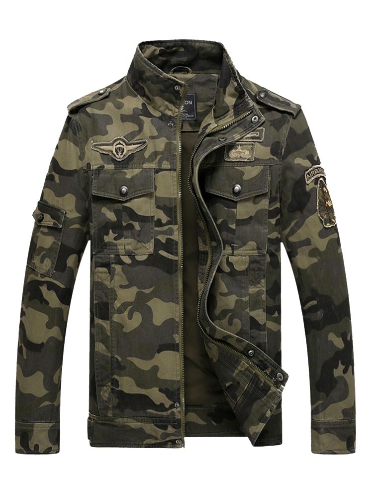 Cotton Blends Camouflage Stand Collar Zip Herrejakke