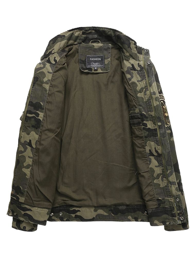 Cotton Blends Camouflage Stand Collar Zip Herrejakke