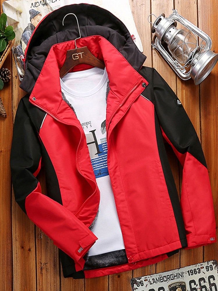 Fleece Color Block Hooded Sports Winter Jacket For Menn