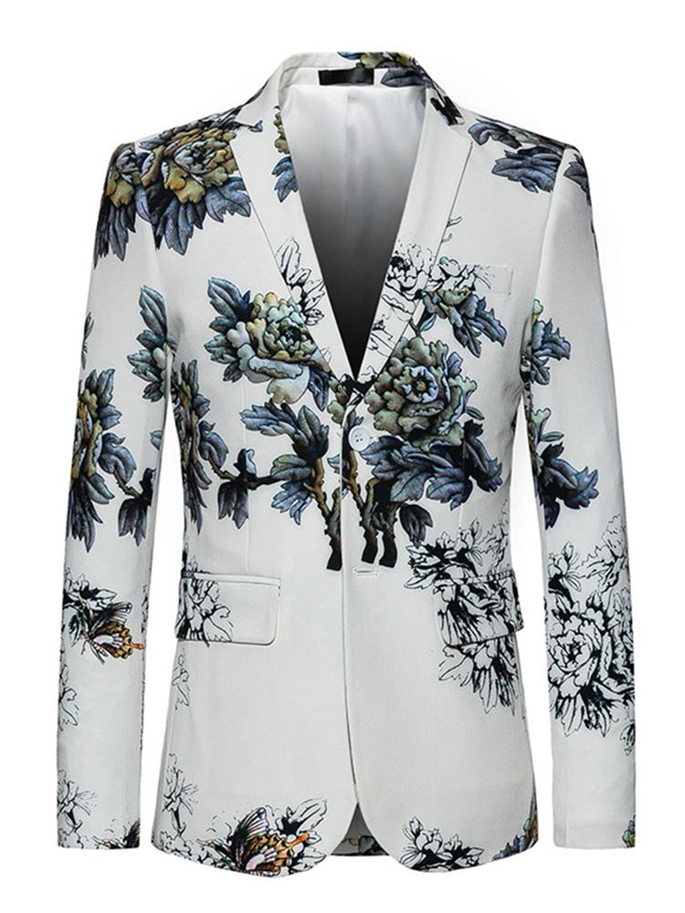 Floral Notched Lapel Two Button Vogue White Slim Blazer For Menn