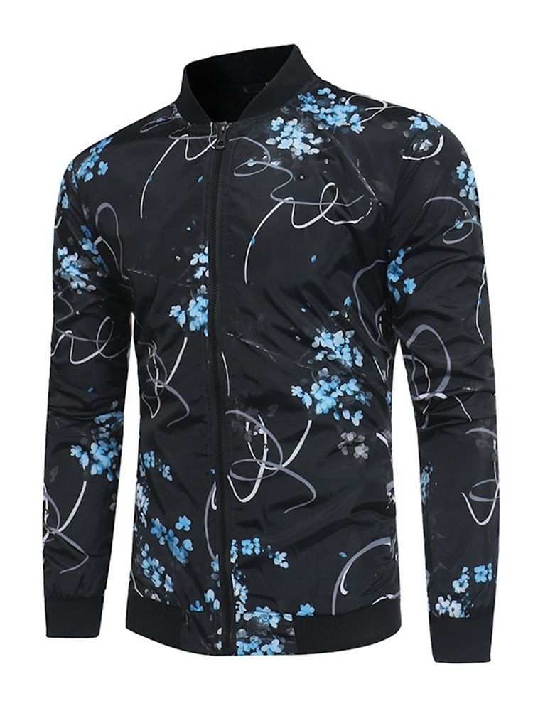 Floral Print Stand Collar Mens Spring Jacket