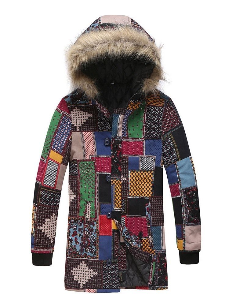 Hooded Color Block Print European Dunjakke For Menn