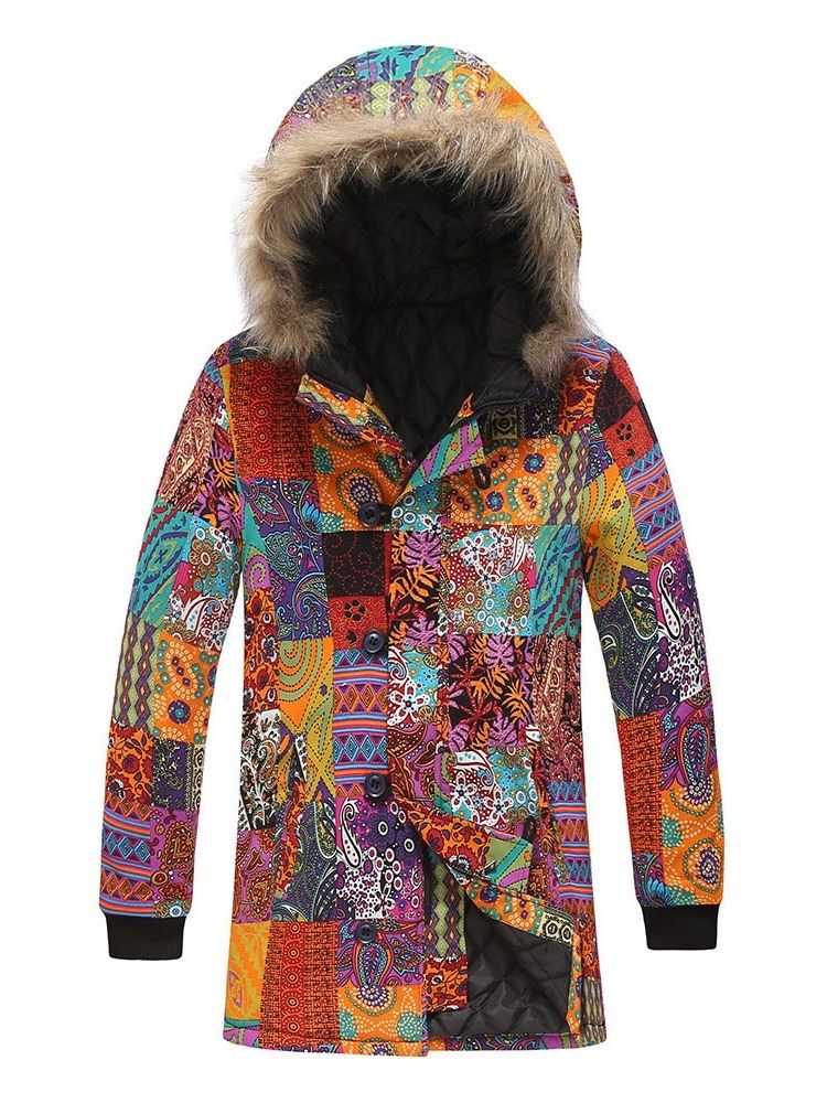 Hooded Color Block Print European Dunjakke For Menn