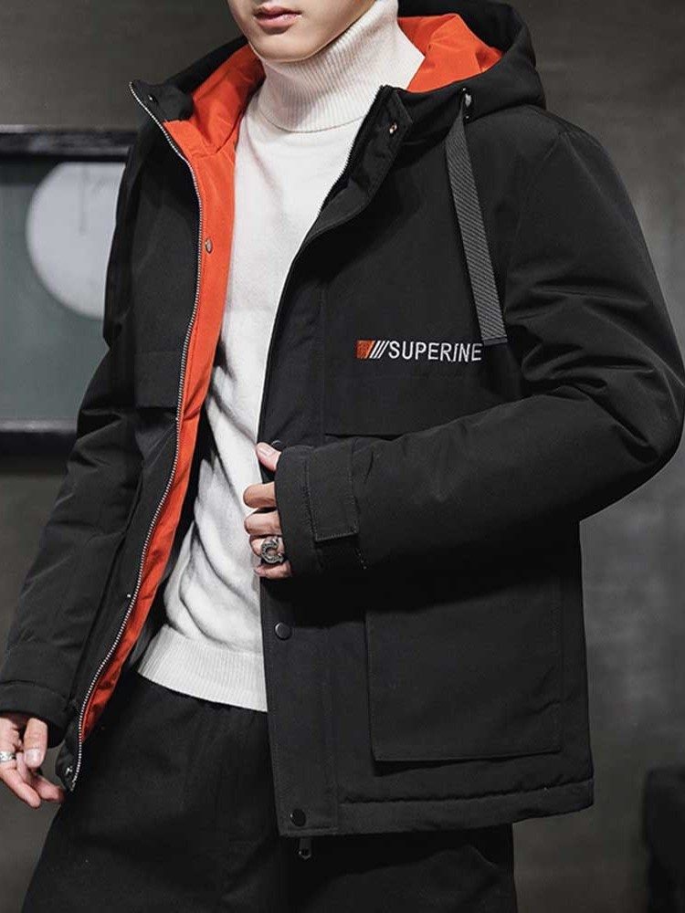 Hooded Zipper Color Block Casual Menns Dunjakke