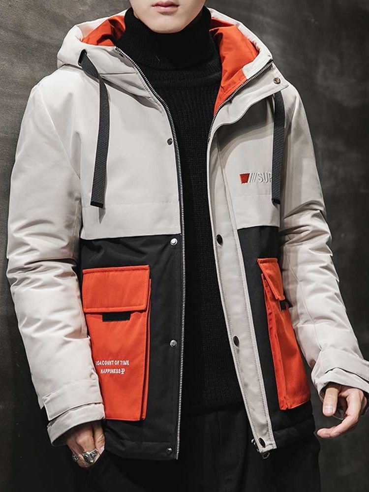 Hooded Zipper Color Block Casual Menns Dunjakke