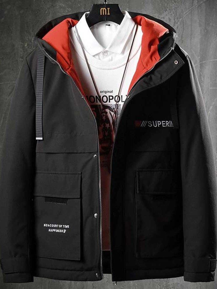 Hooded Zipper Color Block Casual Menns Dunjakke