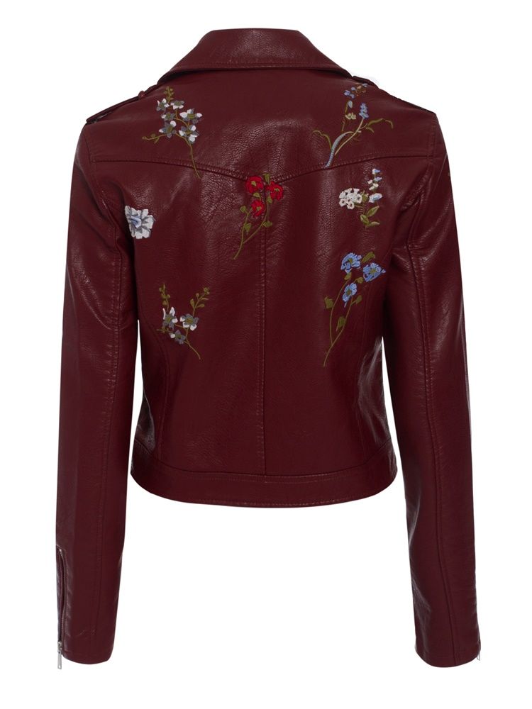 Lapel Floral Embroideried Plain Pu-jakke For Kvinner