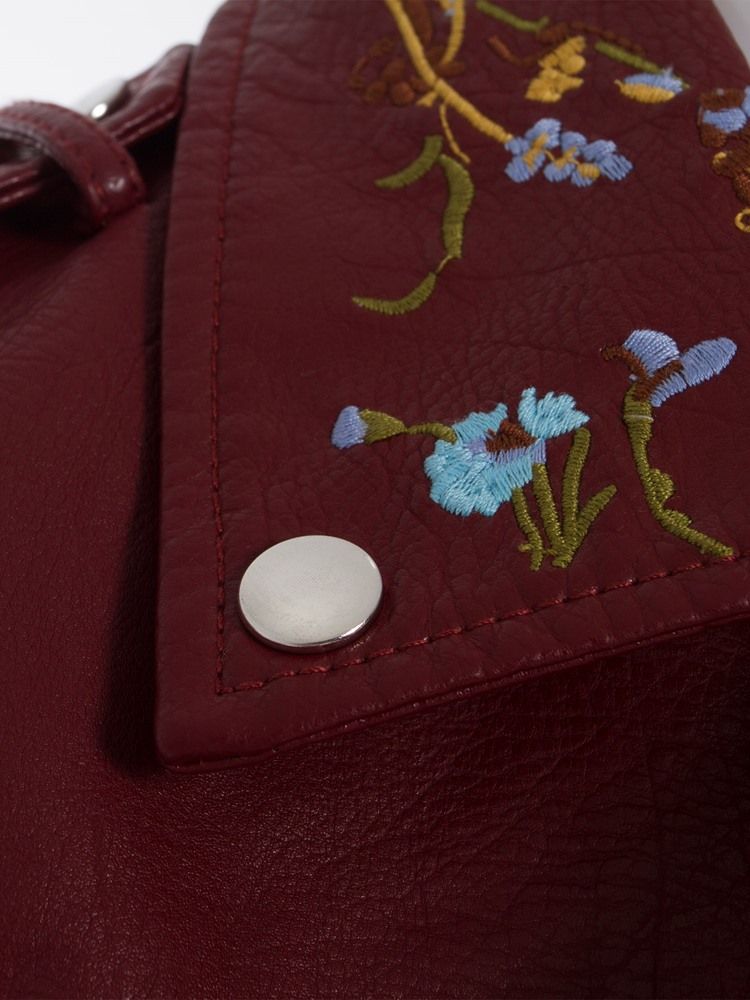 Lapel Floral Embroideried Plain Pu-jakke For Kvinner