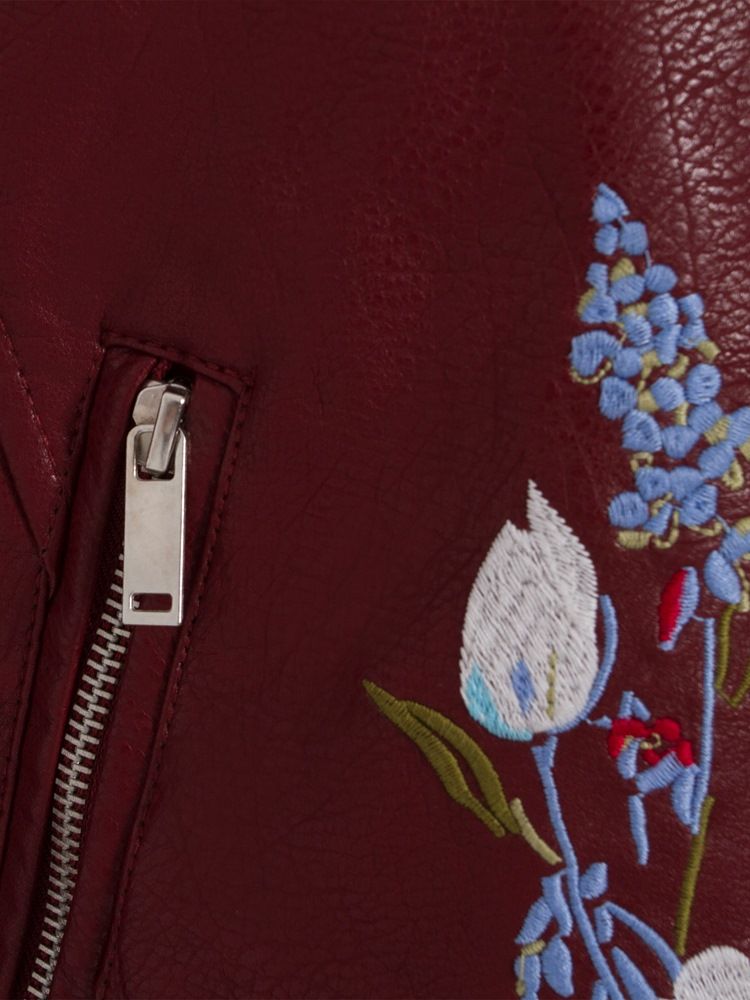 Lapel Floral Embroideried Plain Pu-jakke For Kvinner