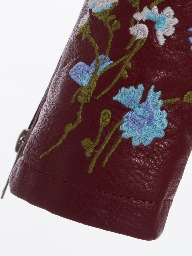 Lapel Floral Embroideried Plain Pu-jakke For Kvinner