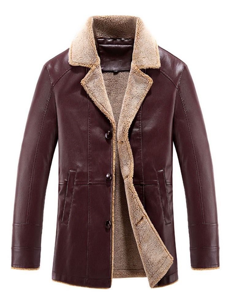 Lapel Mid-length Slim Leather Jacket For Menn