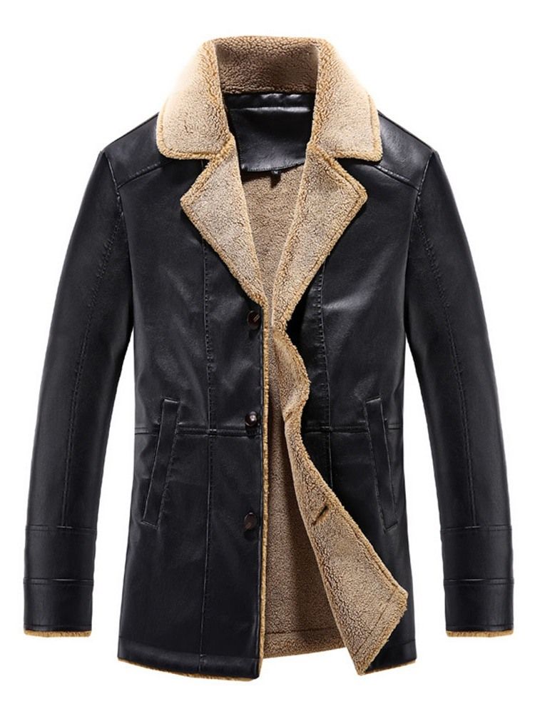 Lapel Mid-length Slim Leather Jacket For Menn