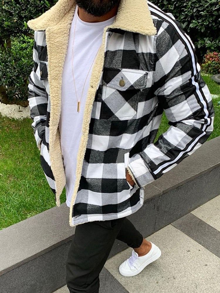 Lapel Pocket Plaid Loose Thick Style Jacket For Menn