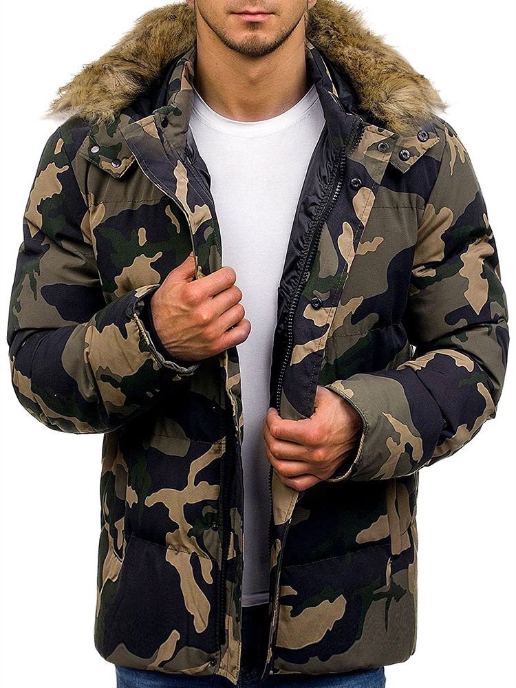 Mid-length Pocket Camouflage Casual Glidelås Dunjakke For Menn