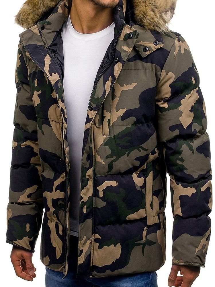 Mid-length Pocket Camouflage Casual Glidelås Dunjakke For Menn