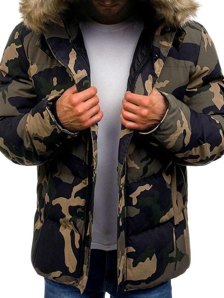 Mid-length Pocket Camouflage Casual Glidelås Dunjakke For Menn