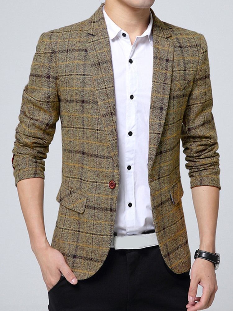 One Button Plaid Lapel Vogue Slim Blazer For Menn