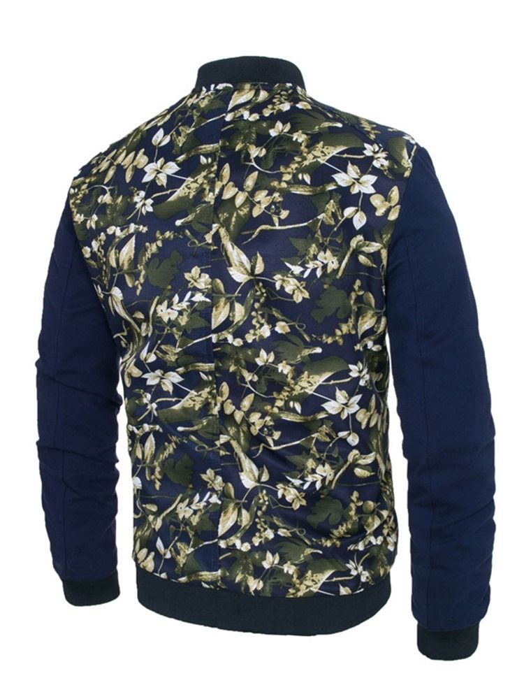 Patchwork Floral Printed Stand Collar Mens Slim Zipper Jacket