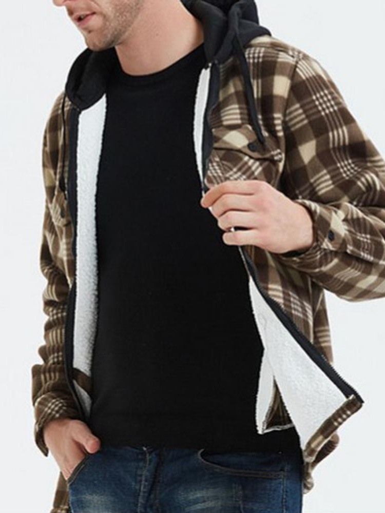 Patchwork Hooded Plaid Zipper Loose Herre Jacket