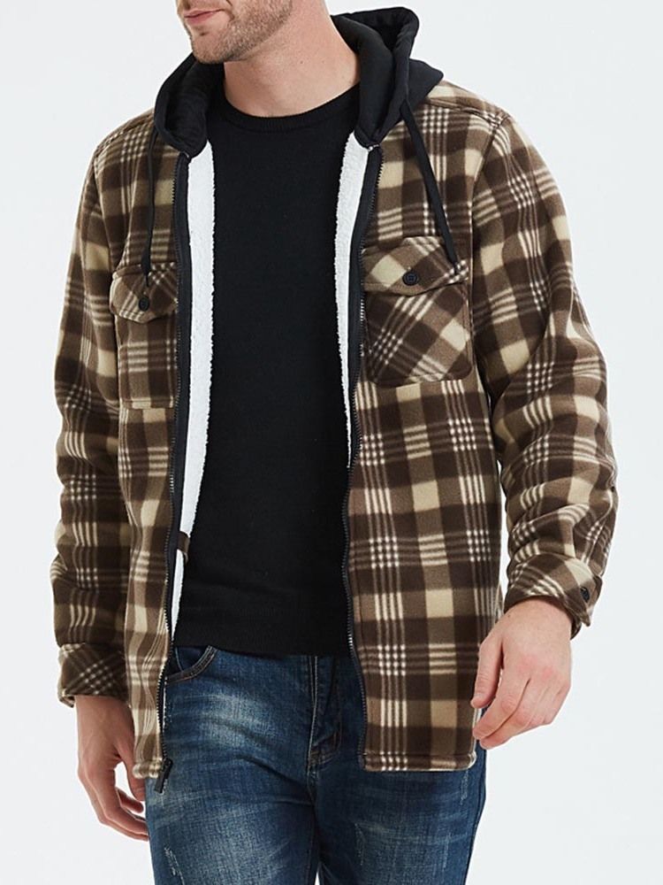 Patchwork Hooded Plaid Zipper Loose Herre Jacket