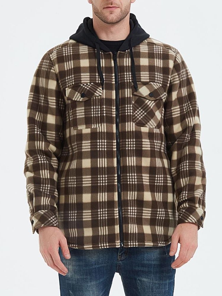 Patchwork Hooded Plaid Zipper Loose Herre Jacket