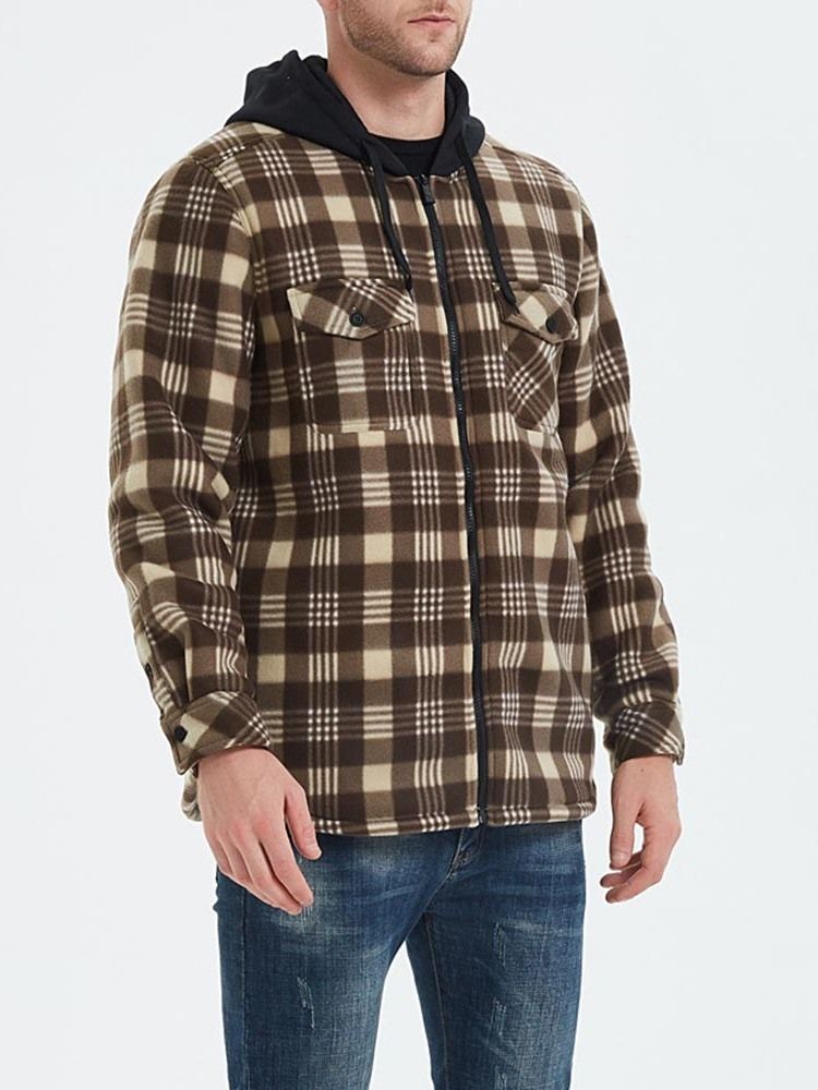 Patchwork Hooded Plaid Zipper Loose Herre Jacket