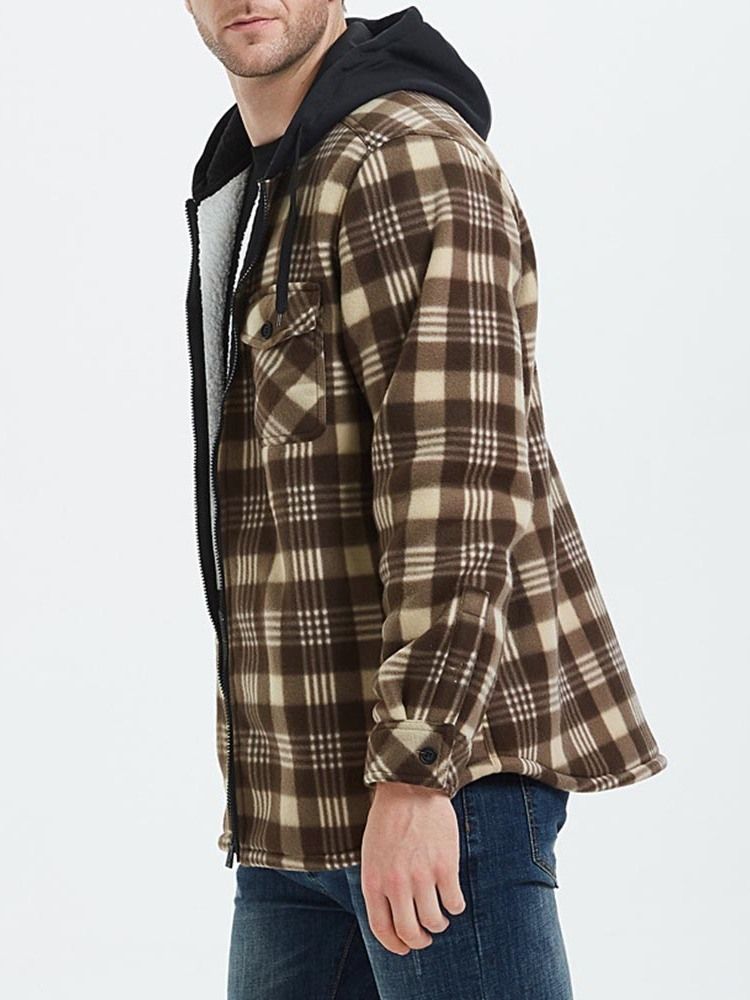 Patchwork Hooded Plaid Zipper Loose Herre Jacket