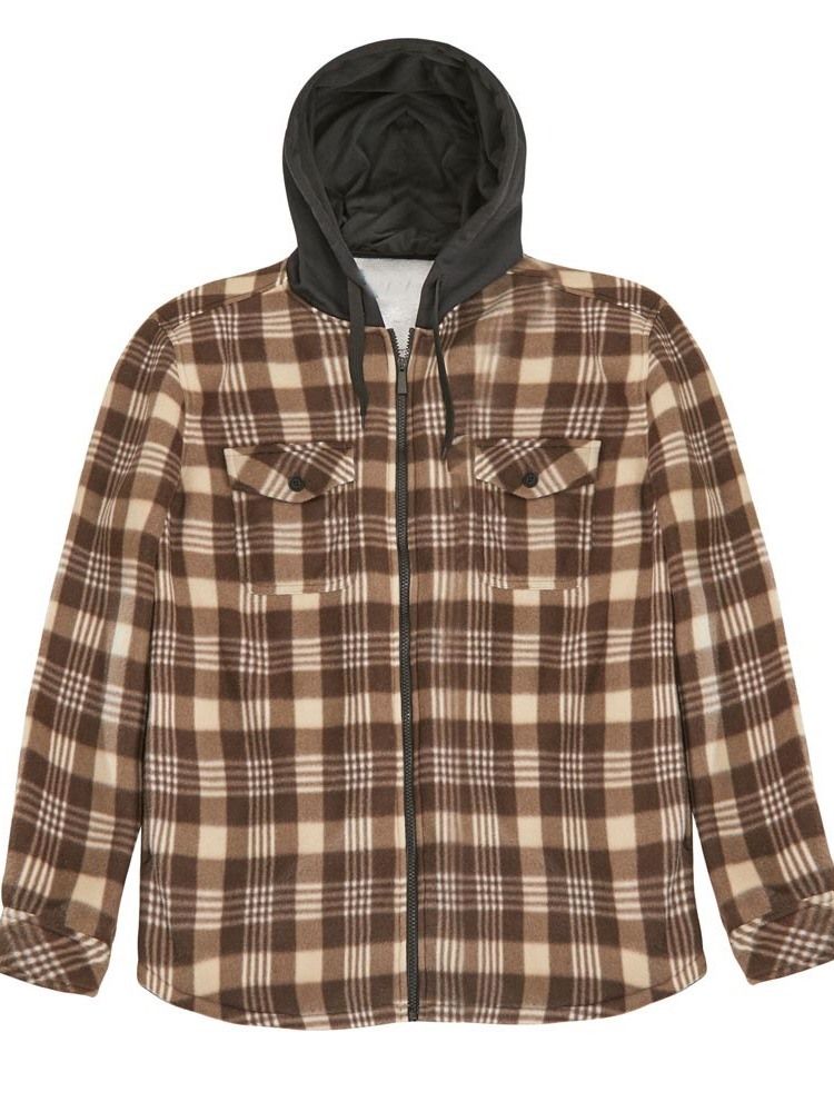 Patchwork Hooded Plaid Zipper Loose Herre Jacket