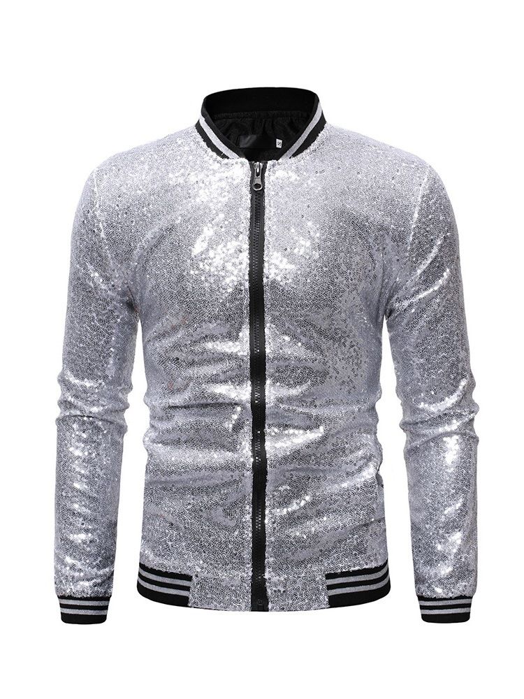 Patchwork Paljetter Stand Collar Mens Casual Jacket