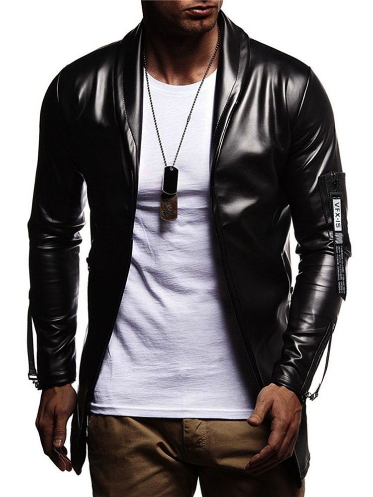 Plain Color Lapel Casual Slim Style Leather Jacket For Menn