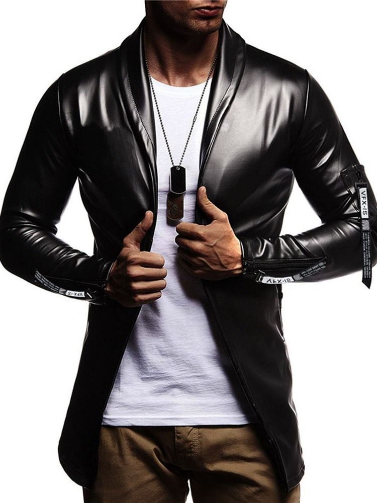 Plain Color Lapel Casual Slim Style Leather Jacket For Menn