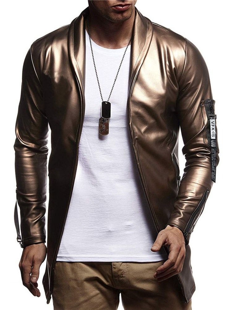 Plain Color Lapel Casual Slim Style Leather Jacket For Menn