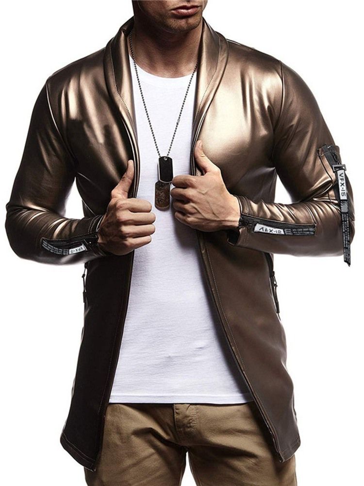 Plain Color Lapel Casual Slim Style Leather Jacket For Menn