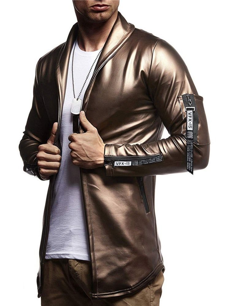 Plain Color Lapel Casual Slim Style Leather Jacket For Menn