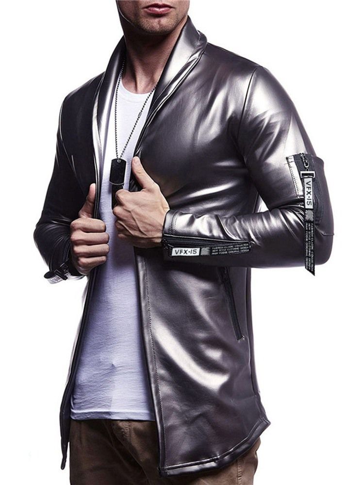 Plain Color Lapel Casual Slim Style Leather Jacket For Menn