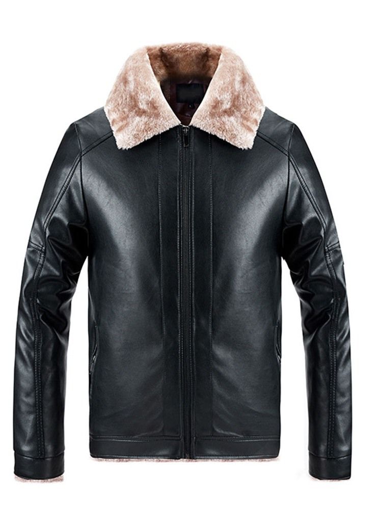 Plain Lapel Standard Slim European Leather Jacket For Menn