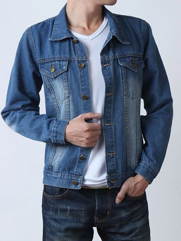 Pocket Casual Denimjakke For Menn