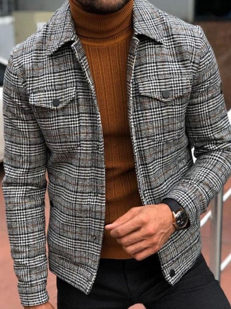 Pocket Plaid Lapel Fall Slim Jacket For Menn