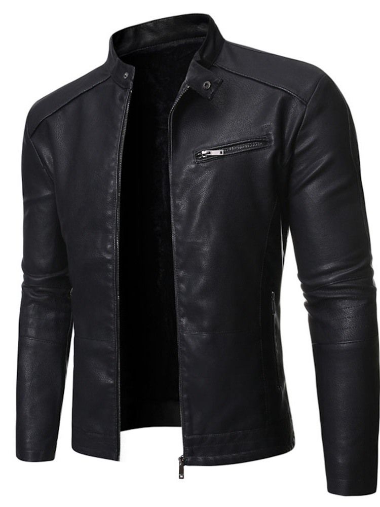 Stand Collar Plain Standard Slim Zipper Leather Jacket For Menn