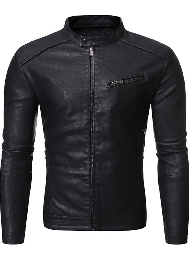 Stand Collar Plain Standard Slim Zipper Leather Jacket For Menn