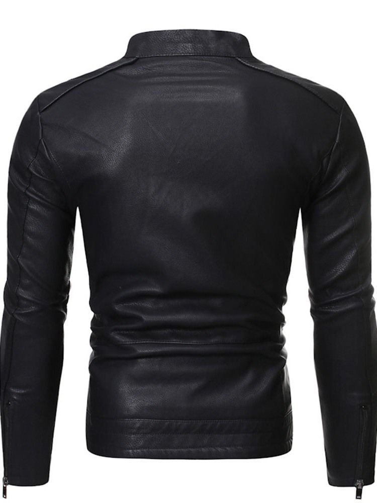 Stand Collar Plain Standard Slim Zipper Leather Jacket For Menn