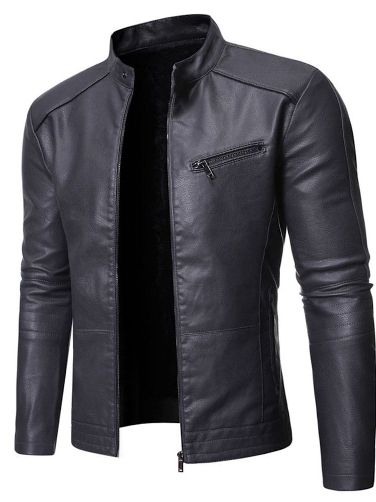 Stand Collar Plain Standard Slim Zipper Leather Jacket For Menn