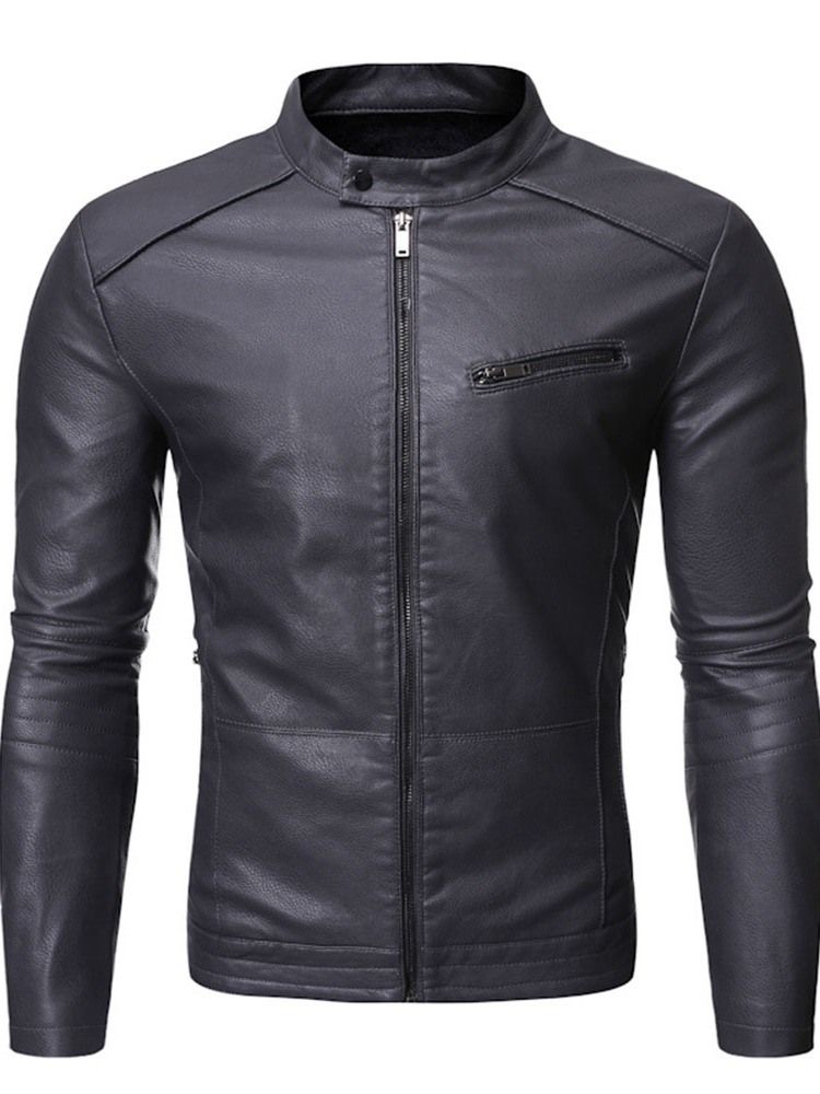 Stand Collar Plain Standard Slim Zipper Leather Jacket For Menn