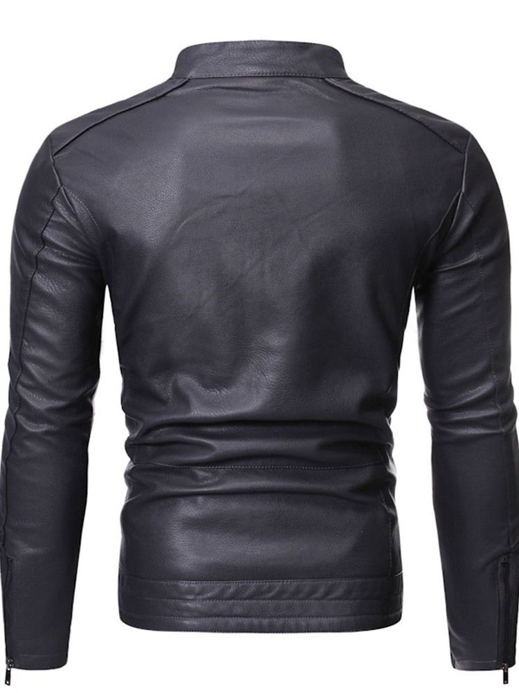 Stand Collar Plain Standard Slim Zipper Leather Jacket For Menn