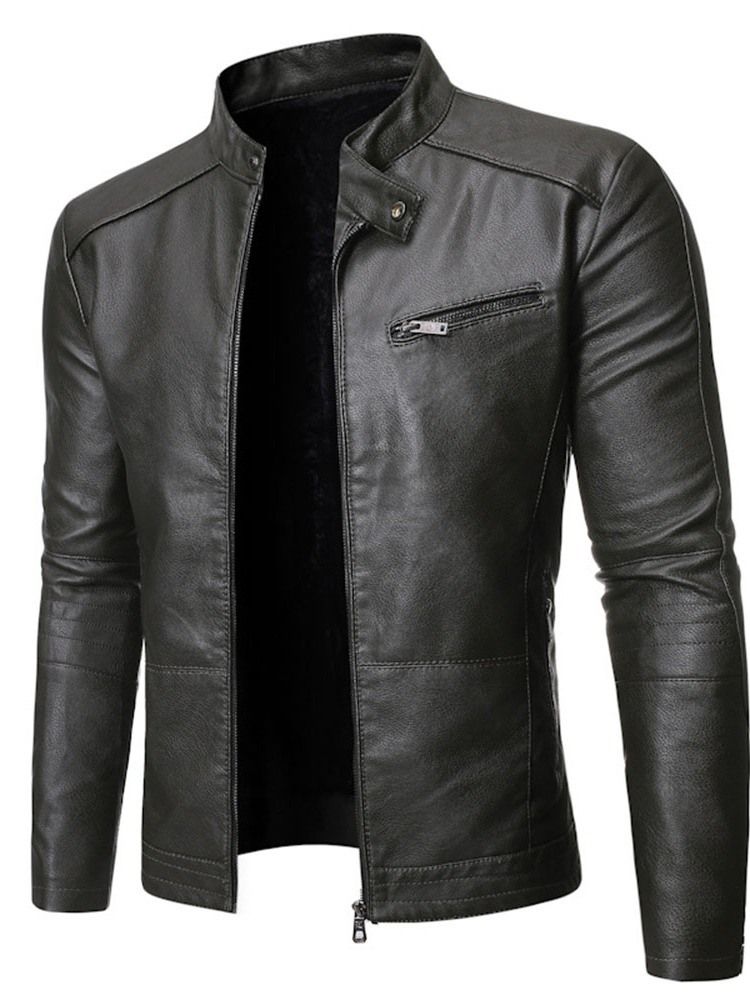 Stand Collar Plain Standard Slim Zipper Leather Jacket For Menn