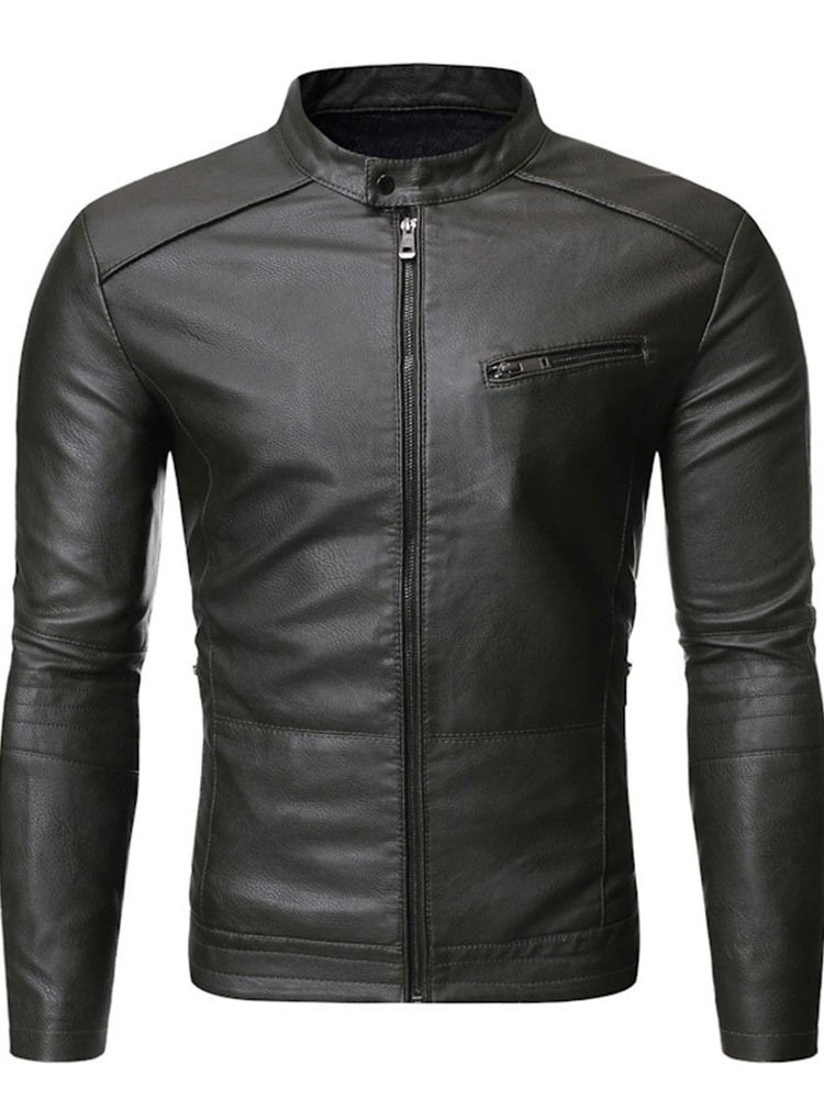 Stand Collar Plain Standard Slim Zipper Leather Jacket For Menn