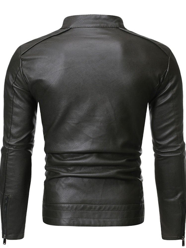 Stand Collar Plain Standard Slim Zipper Leather Jacket For Menn